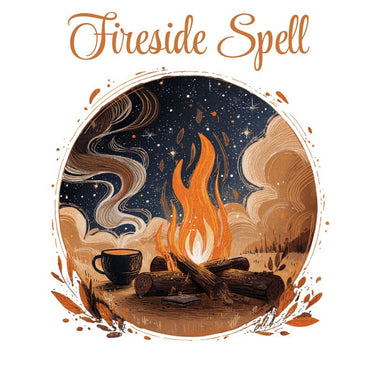 Illustration of a campfire with a mug and logs, surrounded by starry sky and clouds, with 'Fireside Spell' text above.